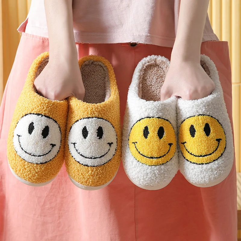 

Fluffy Fur Slippers Autumn Winter Smile Face Pattern Womens Fur Slippers Cute Cartoon Warm Short Plush Couple Shoes Fleece Flat