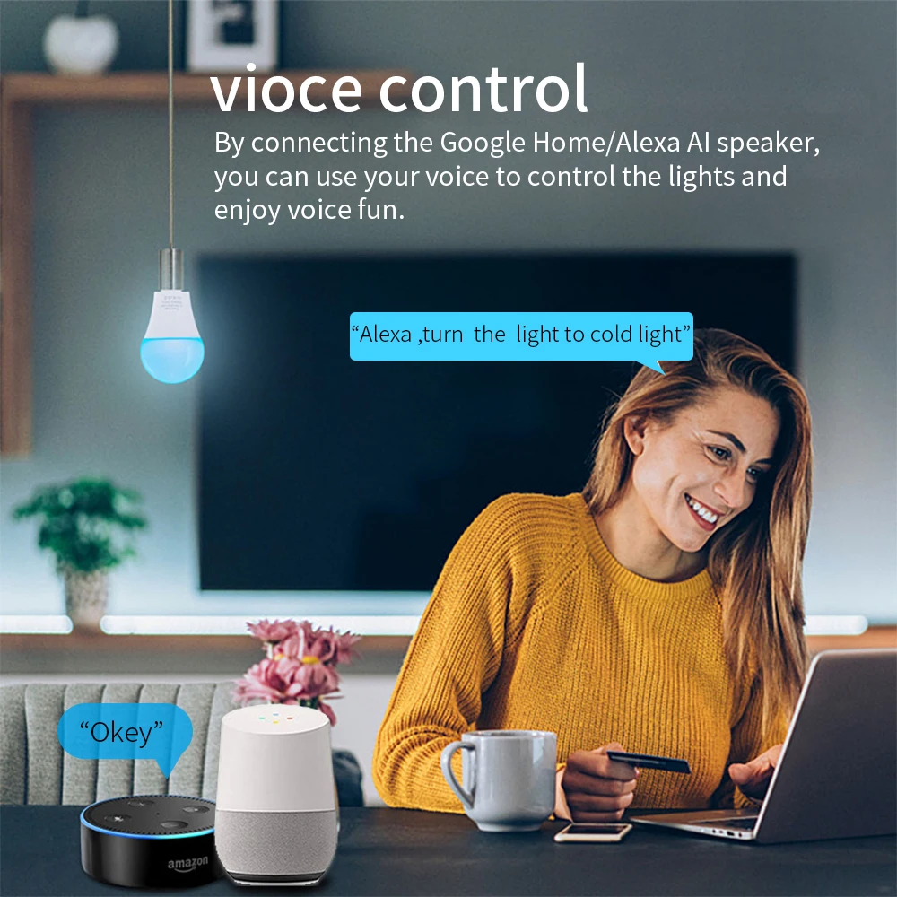 Умная цветная лампа E27 с Wi-Fi 9 Вт светодиодная RGB поддержкой Alexa Google Home Tuya Smart 110-250 В +
