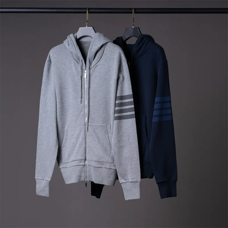 TB THOM Man Sweatshirts Autunm Korean Fashion Hoodies Cotton Jersey 4-Bar Stripes Zip-up Hooded Sweatshirts Streetwear Coats