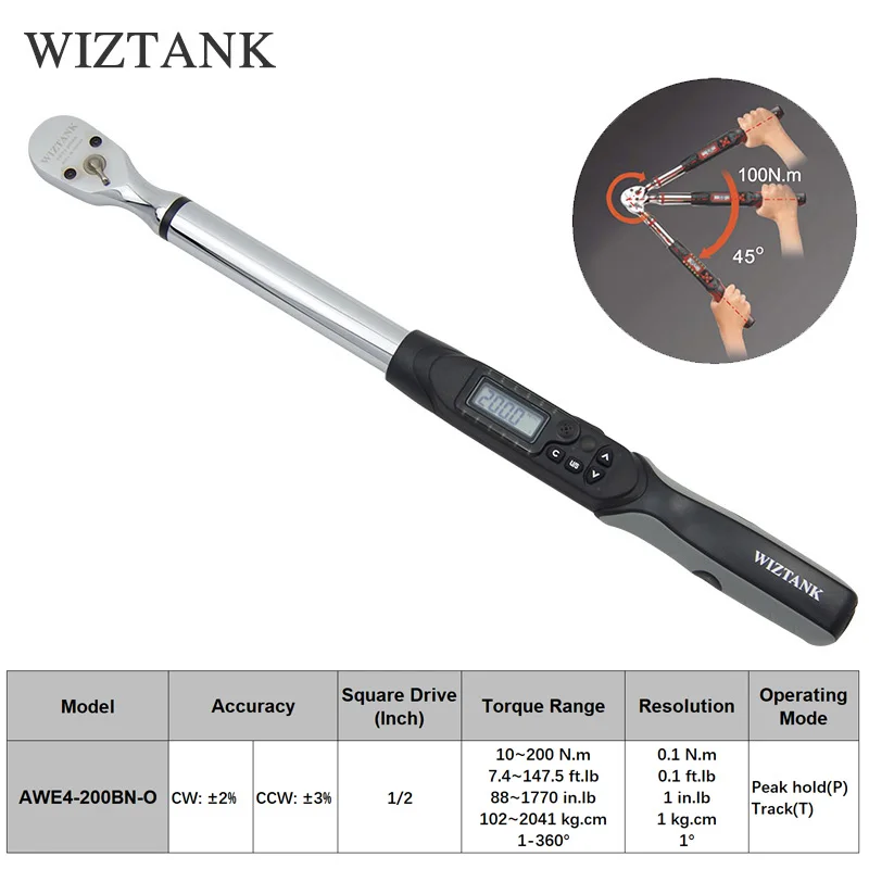 Цифровой Динамометрический ключ WIZTANK с предустановленным углом измерения 1/4-1/2 дюйма 1,5-340 нм точность 2% реверсивное вращение храповой головки