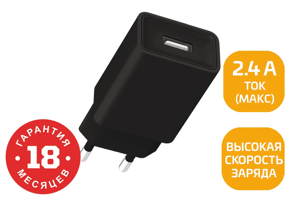 00-00019857 Сетевое зарядное устройство GP1U 1USB 2.4A 12W, черный, GoPower