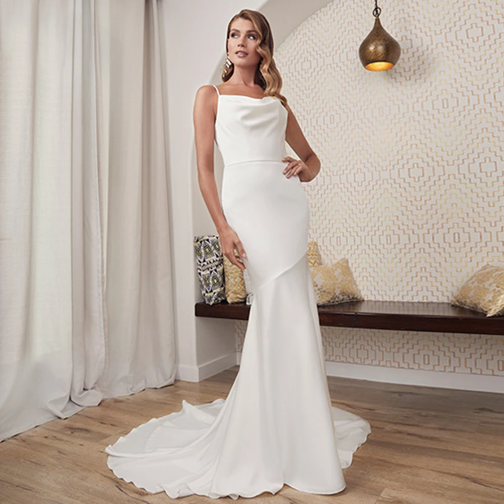 

Simple Wedding Dresses Spaghetti Straps Long Train Pleated Mermaid Backless Bride Gown For Women Party فستان حفلات الزفاف