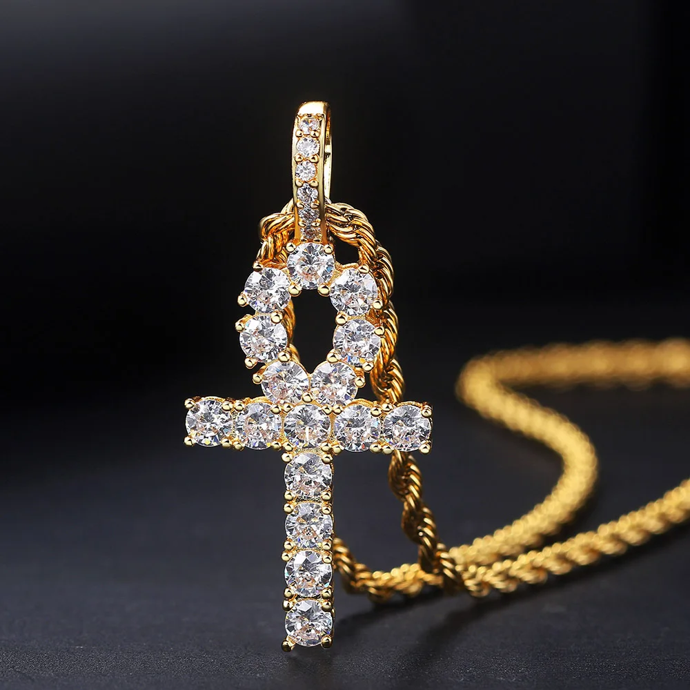 

TENGTENGFIT 14K Gold Plated Iced Out Shine Cubic Zirconia Cross Pendant Chain Necklace for Women Men