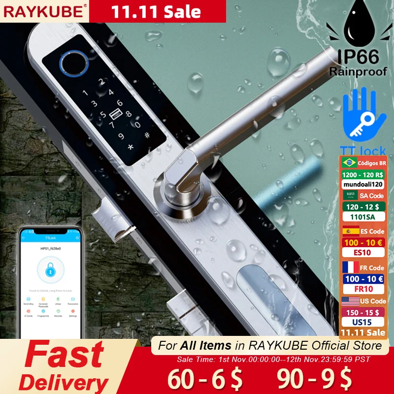 Купить RAYKUBE водонепроницаемый IP66 сканер отпечатков пальцев Дверной замок Bluetooth TTlock приложение 5 способ разблокировки сломанный мост/деревянная/на...