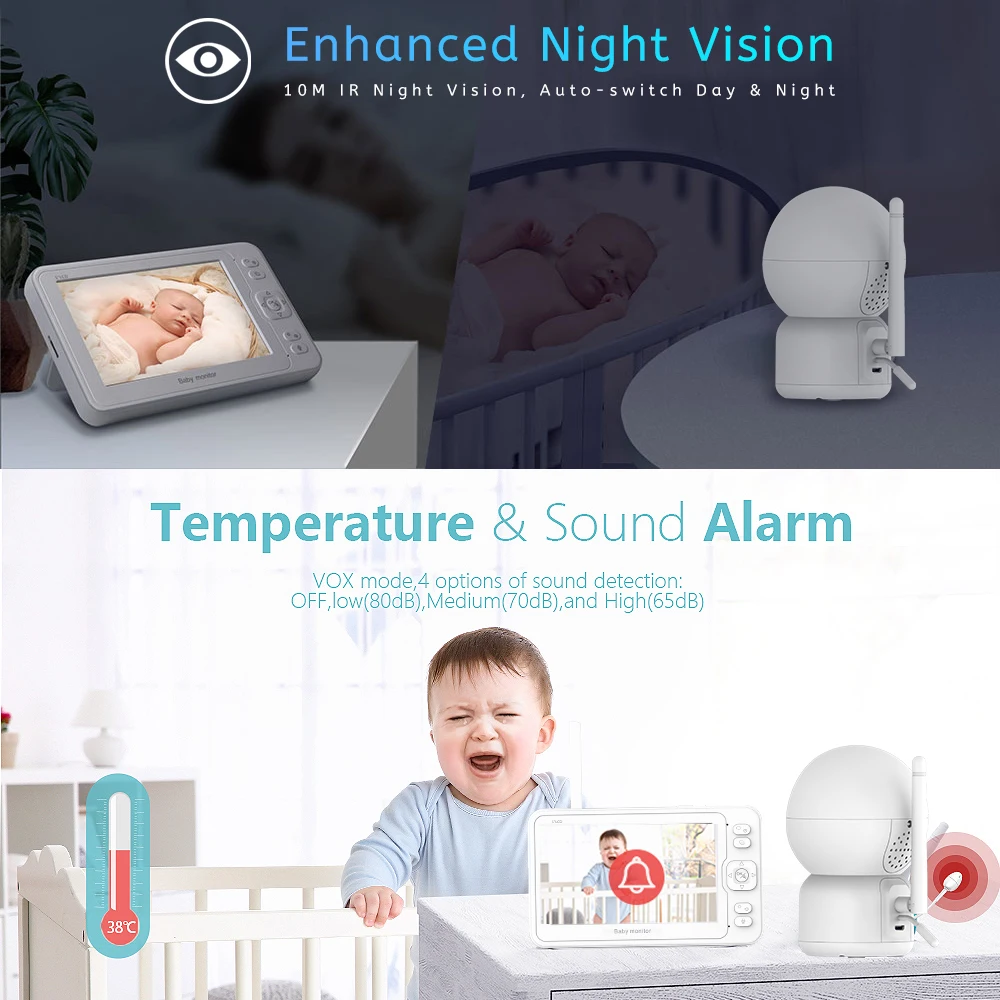 Pаспродажа 5-дюймовая беспроводная радионяня 1080P ночное видение аудио няня камера PTZ VOX колыбельная SD карта запись воспроизведение тепловая звуковая си...