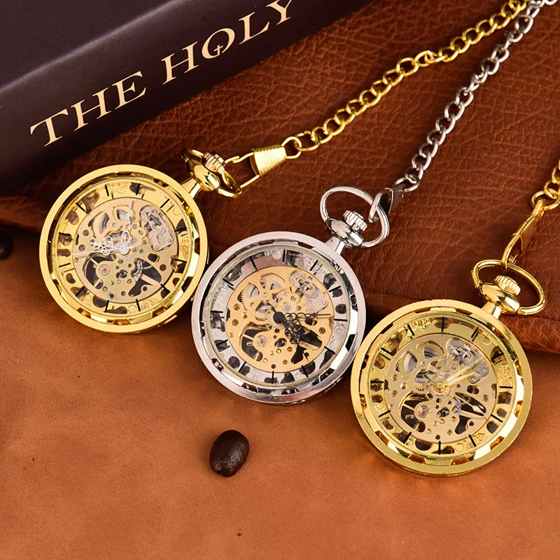 Luxury Golden Mechanical Pocket Watch for Men Ladies Transparent Hollow Dial Gold Round Case Fob Chain Pendant Clock for Man