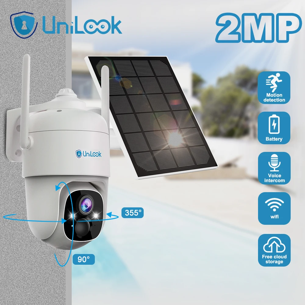 Unilook Outdoor Security Solar Camera WiFi AI PIR Motion Detectior PTZ 1080P Wireless Surveillance Camera Free Cloud Storage