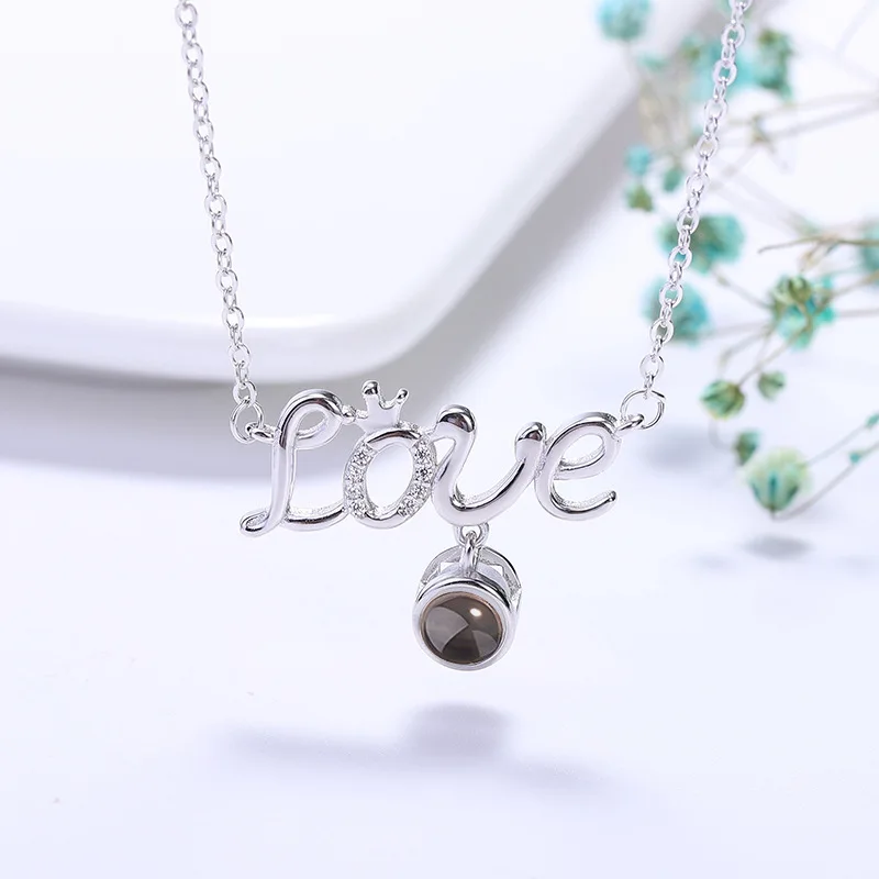 S925 Silver Letter Love Pendant Customized Photos Projection Necklace 100 Languages I Love You Jewelry For Women