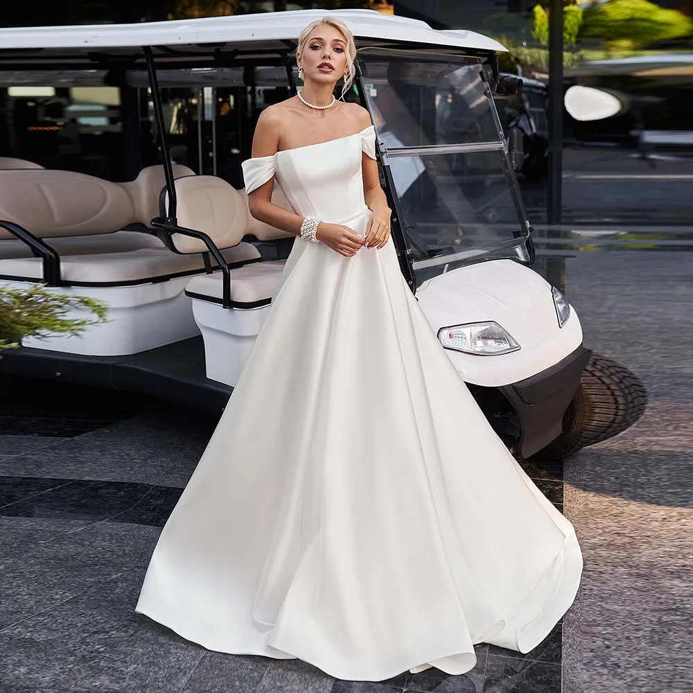 

Simple Wedding Dresses Mordern Satin Off Shoulder Boat Coller Bridal Gown For Women 2022 New Open Back Zipper Beaded Bride Dress