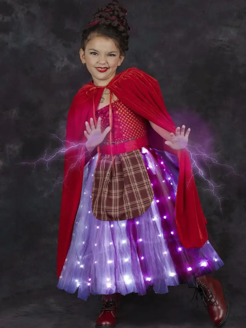 Uporpor LED Light Up Hocus Pocus 2 Costume Sarah Sanderson Sisters Cosplay Dress Kids Girls Halloween Carnival Party Tutu Dress