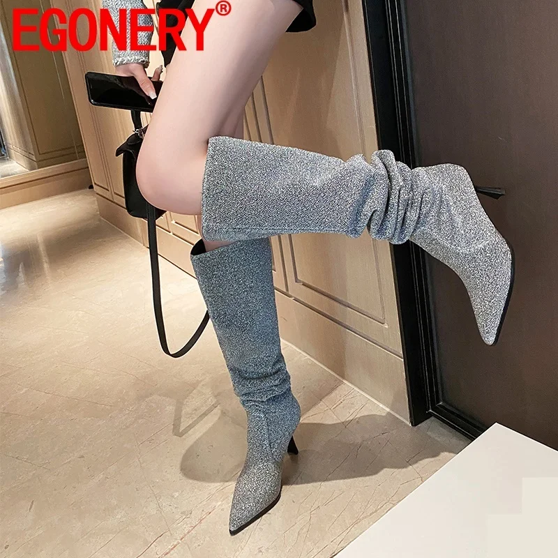 

ZVQ Fashion High Boots Woman Pointed Toe Shining Upper Fashion High Heels Drip Shipping Party Shoes Slip-On Winter Dress Boots