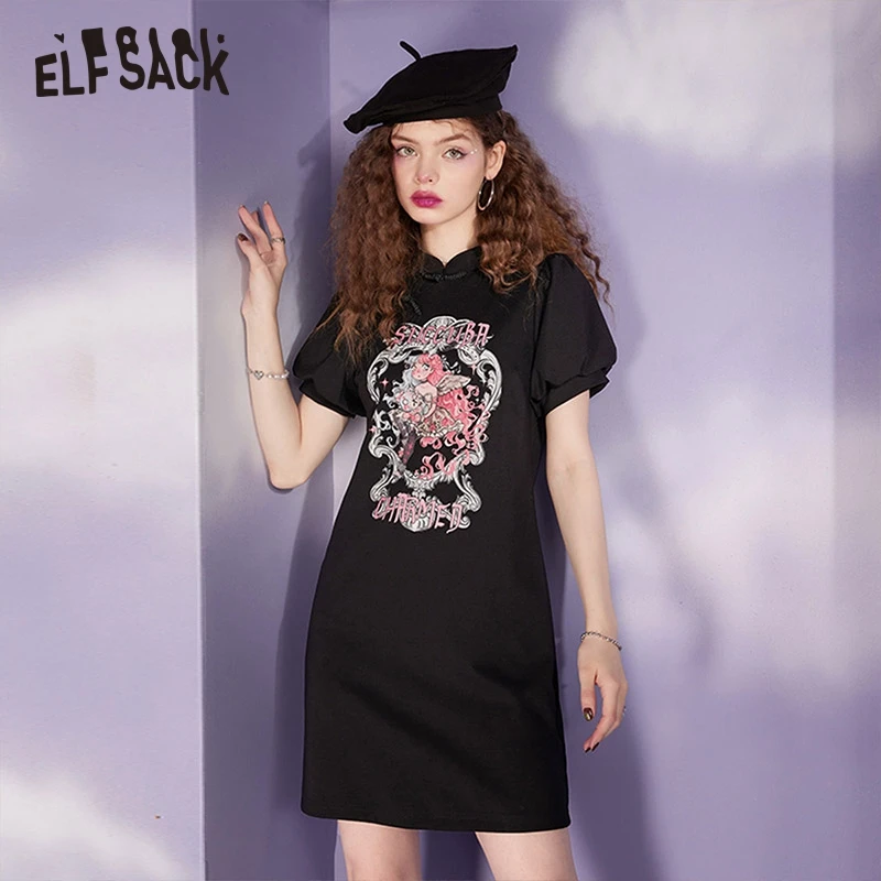 ELFSACK Black Printed Cheongsam Dress Women 2022 Summer High Waist Dress High Waist Ladies Daily Dress