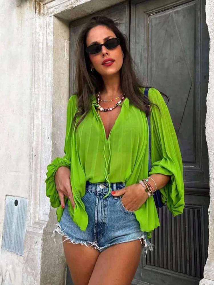 

Zach AiIsa summer sweet temperament apple green all-match long-sleeved loose pleated decorative casual shirt top