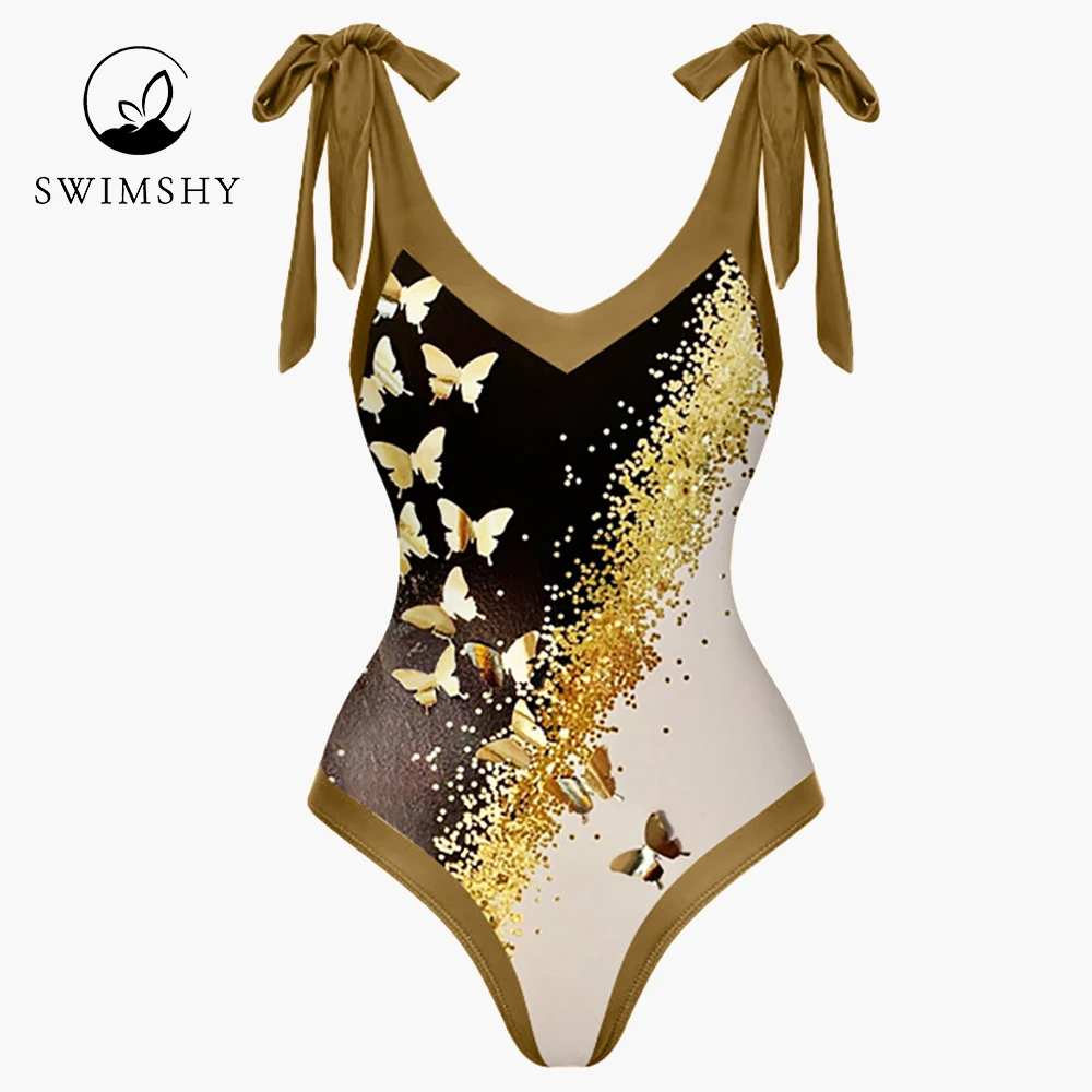 Sexy V-neck Colorblock Butterfly Print Bikini Fashion Chic One-piece Swimsuit Female Bathing Suit Summer Beachwear Backless Slim