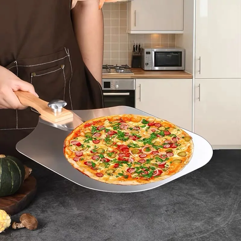 

12 inch Metal Pizza Peel With Foldable Wood Handle Aluminum Pizza Spatula Paddle for Homemade Restaurant Pizza Tools