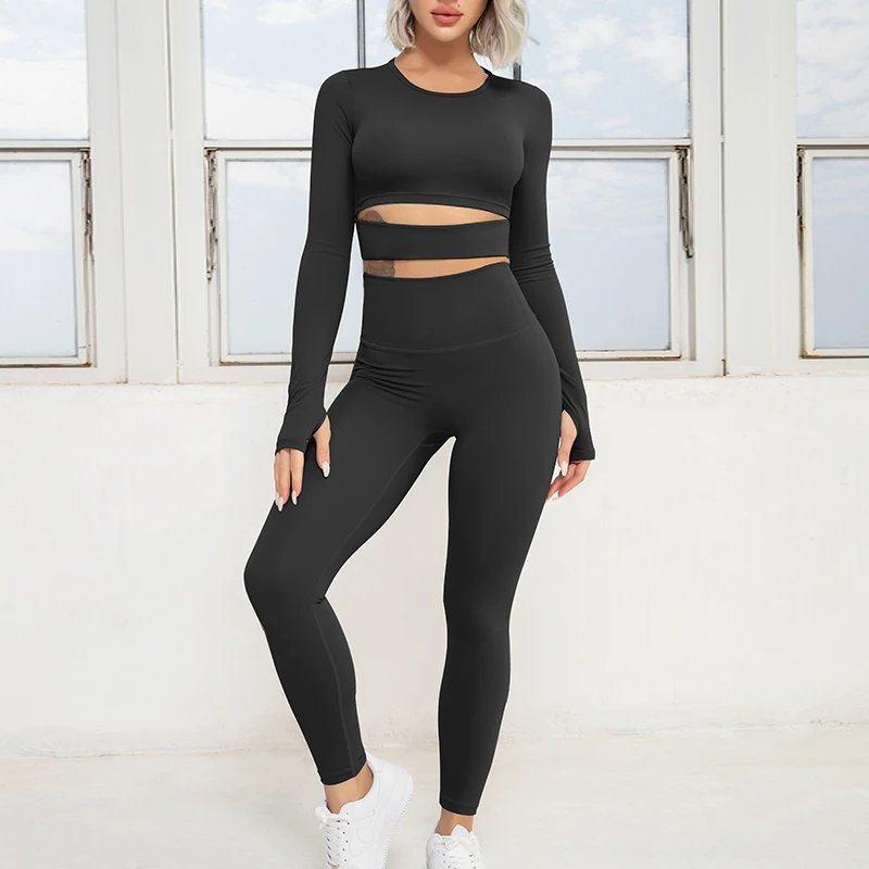 

PASUXI Women Yoga Set Long Sleeve Shorts Yoga Clothing Suit Nude Skin Friendly Sports Fitness 2 Piece Set