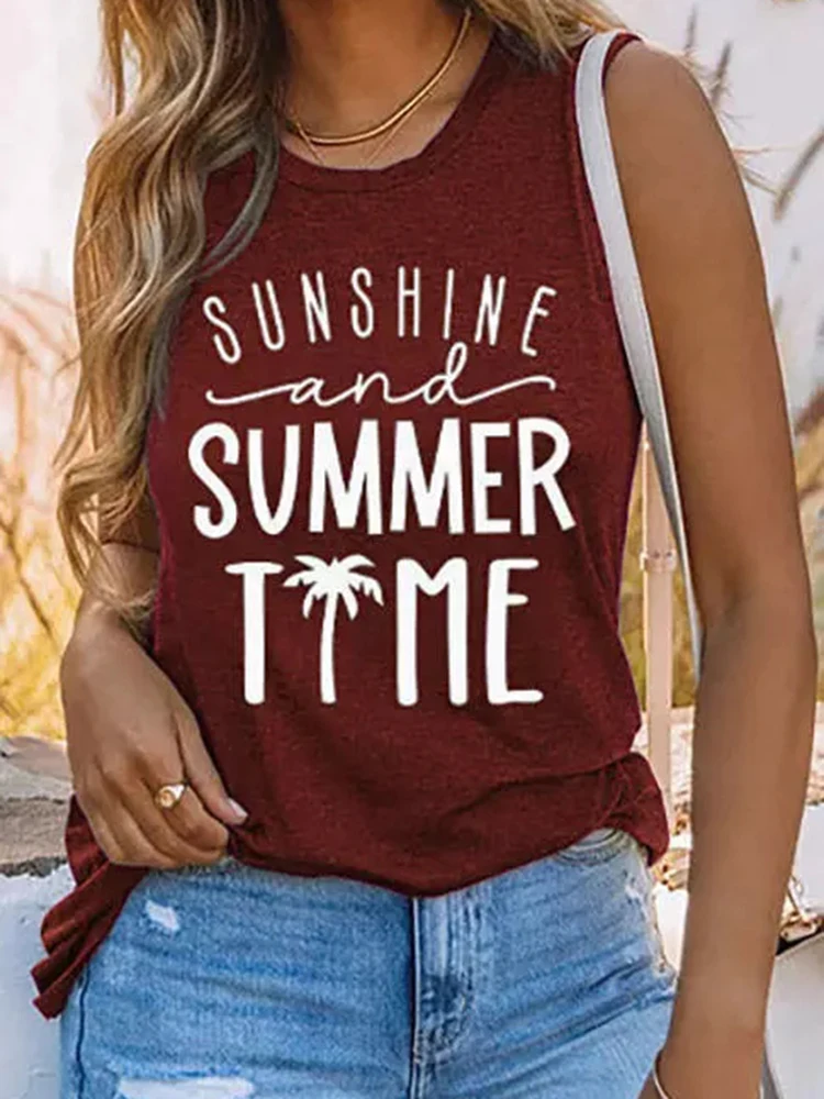 

Summer Fashion Women Tank Tops Time Printed Vest Off Shoulde Sleeveless O-neck Camisole Ladies Printed Tee Shirts Retro