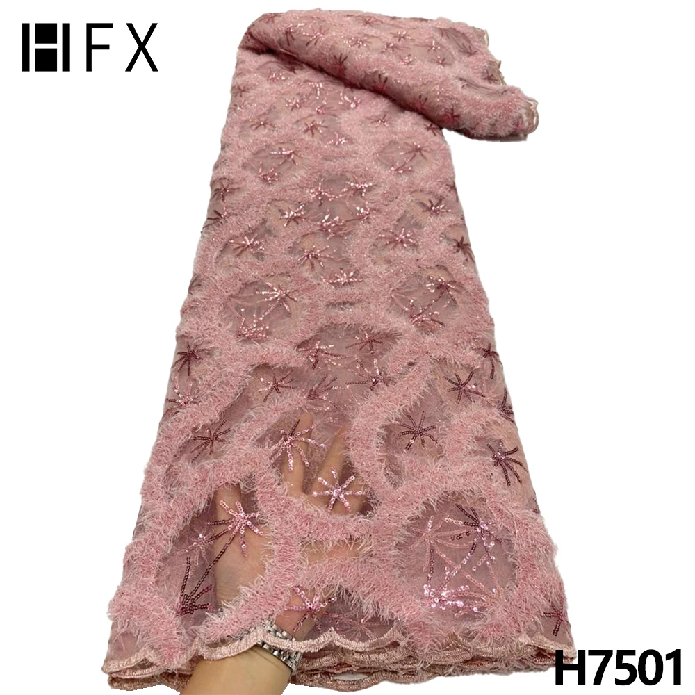 HFX blush pink African Velvet Sequins Lace Fabric 2022 Embroidered Tulle Nigerian Lace Fabrics For Women Wedding Party H7501