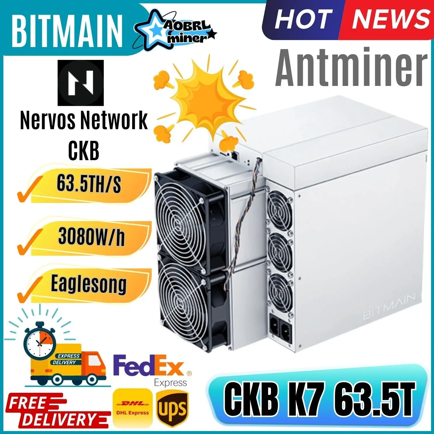КУПИТЕ 5 ПОЛУЧИТЕ 3 БЕСПЛАТНО Bitmain Antminer K7 58 тыс./с CKB Miner Nervos готовый к отправке