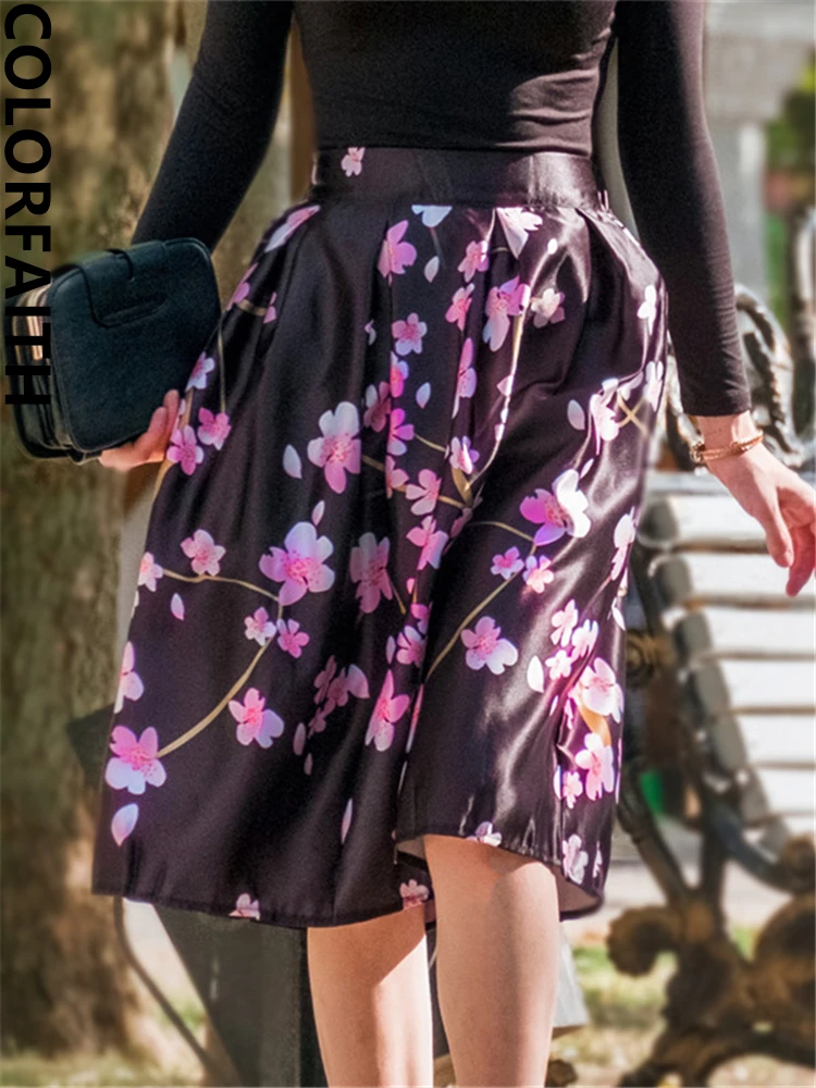 

Colorfaith New 2022 Satin Fleared Elegant Fashion Floral Printed Pleated High Waist Saia Spring Summer Women Midi Skirts SK906