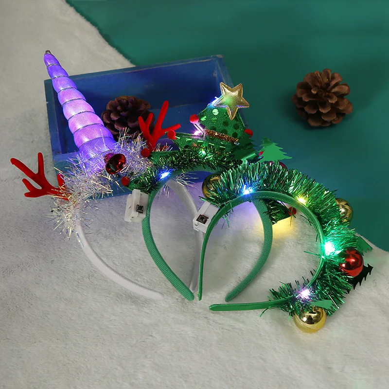 

Женская и детская мигающая повязка на голову со светодиодной подсветильник кой, повязка для волос с единорогом, рождественской елкой, праздничное украшение вечерние праздничный аксессуар, подарок, красный, зеленый
