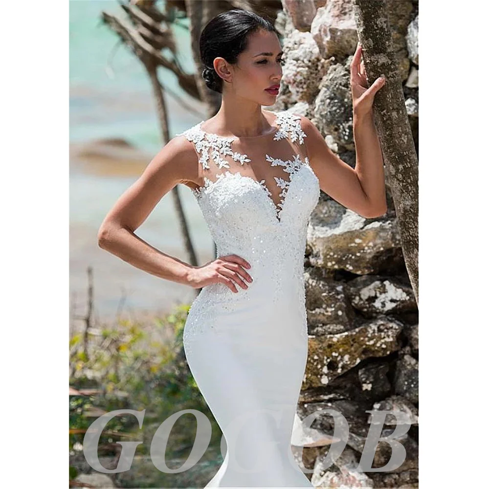 

GOGOB Sexy Mermaid Wedding Dress R168 Sleeveless Lace Appliqued Open Back Boho Wedding Gown Long Train Bride Dress