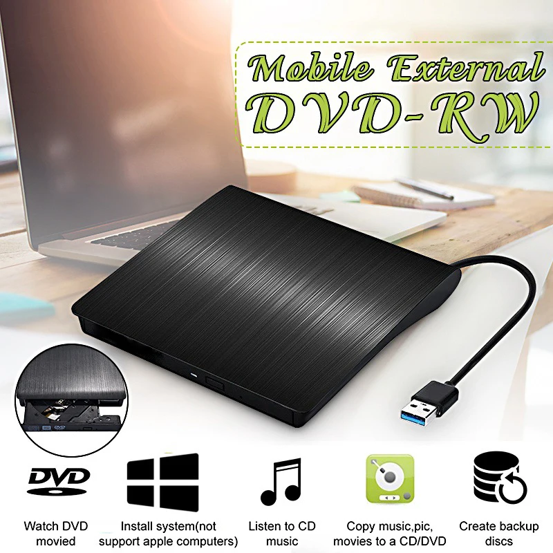 External USB3.0 DVD RW CD Writer Slim Optical Drive Burner Reader Player Tray Type Portable For PC Laptop
