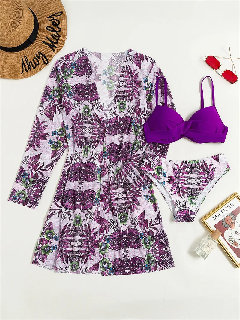 Three Pieces Bikini Set Long SleeveSkirt Tunics For Beach Cover Up Swimsuit Women Ruffle Biquini Bathing Suit Summer Beach Wear