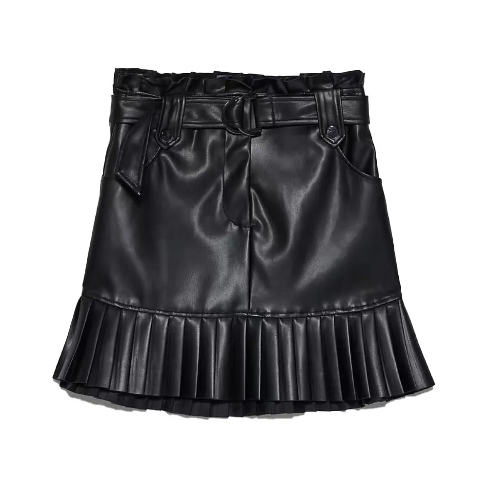 

Zach AiIsa counter quality new women's fashion retro high waist pocket with belt small pleated faux leather miniskirt