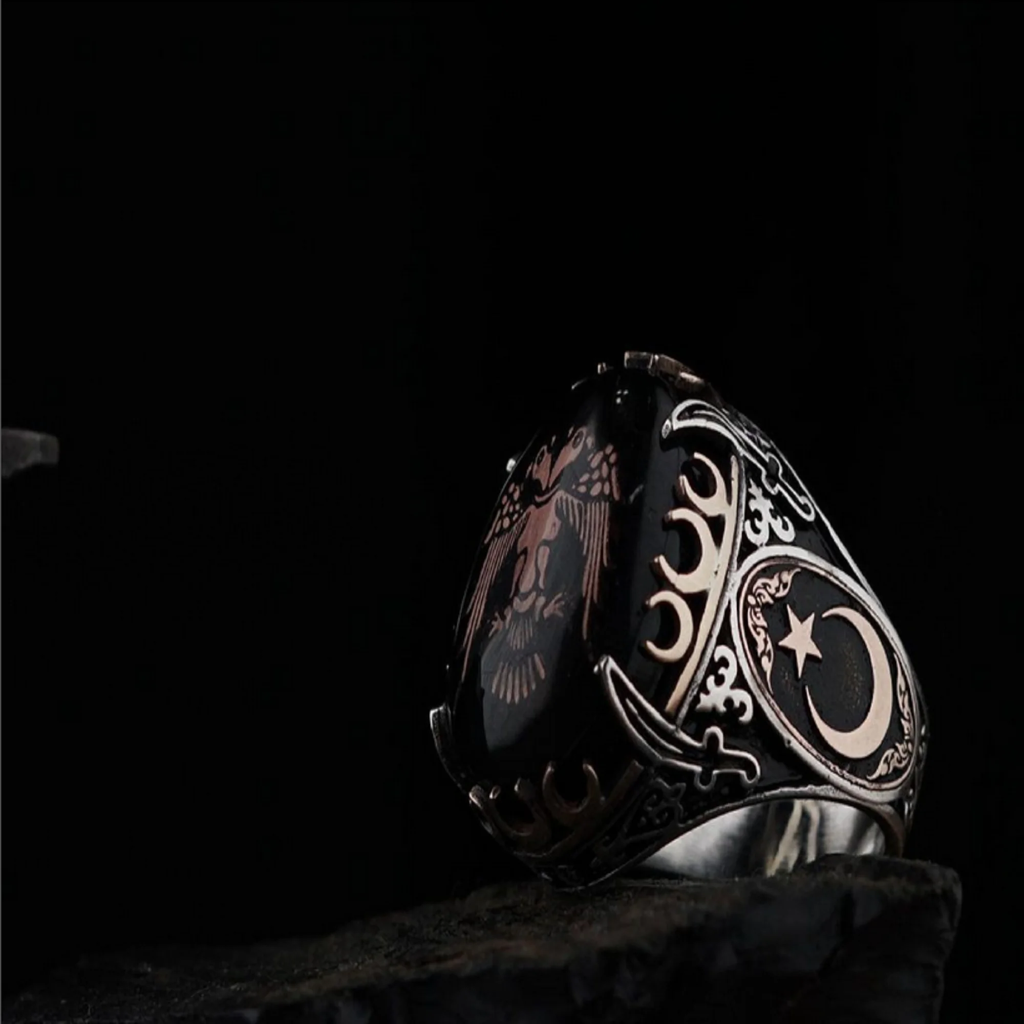 Ottoman Black Amber Silver Men's Ring Turkish Handmade Jewelry Summer Gifts Oval Silver Rings