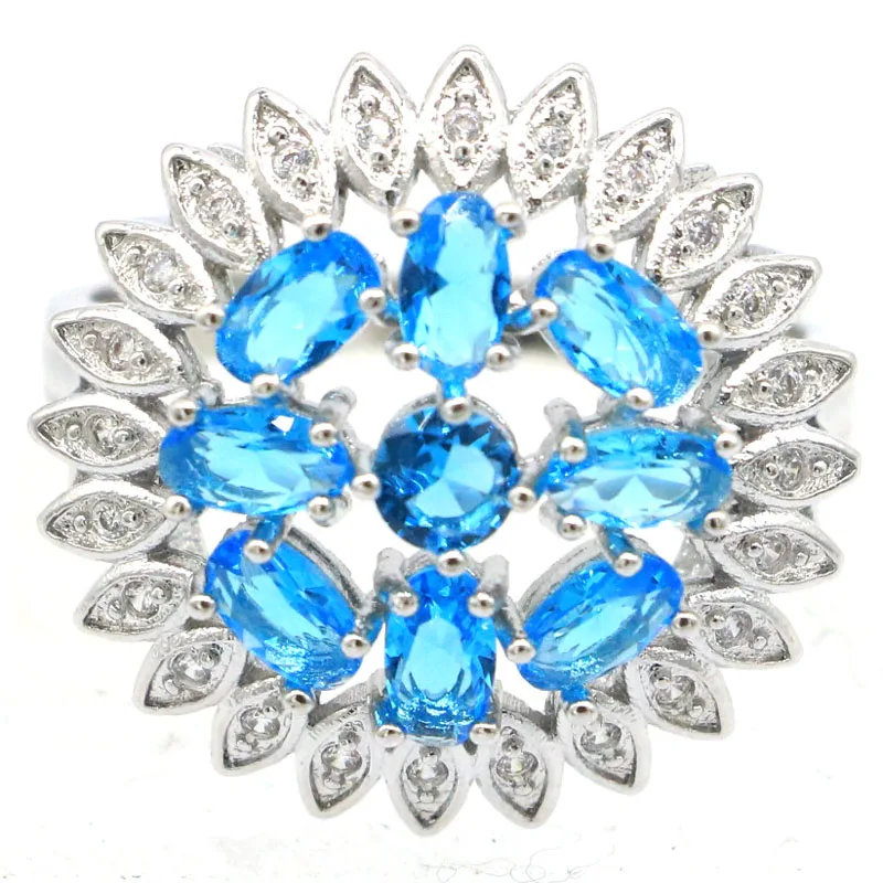 

23x23mm European Design 5.2g Pink Tourmaline Swiss Blue Topaz CZ Birthday Gift Ladies Dating Silver Rings Eye Catching