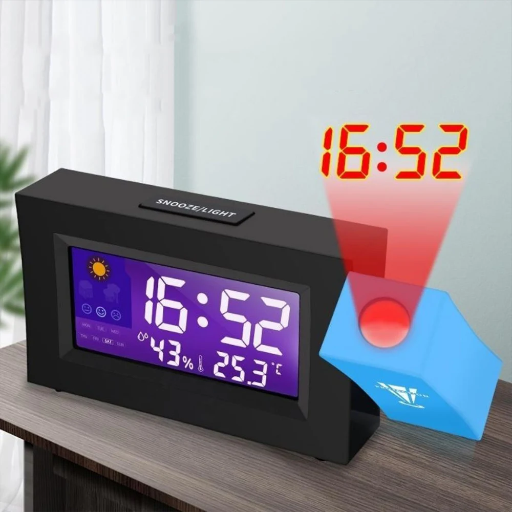 Купи New Projection Alarm Clock Desk Table Led Clock Backlight Indoor Display Temperature Time Date Voice Wake up Projection Clock за 203 рублей в магазине AliExpress
