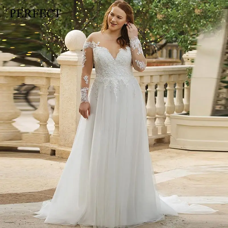

Идеальное классическое женское свадебное платье-трапеция, модель 2022 года, кружевные платья с длинными рукавами и глубоким круглым вырезом, свадебные платья из тюля, изготовление на заказ
