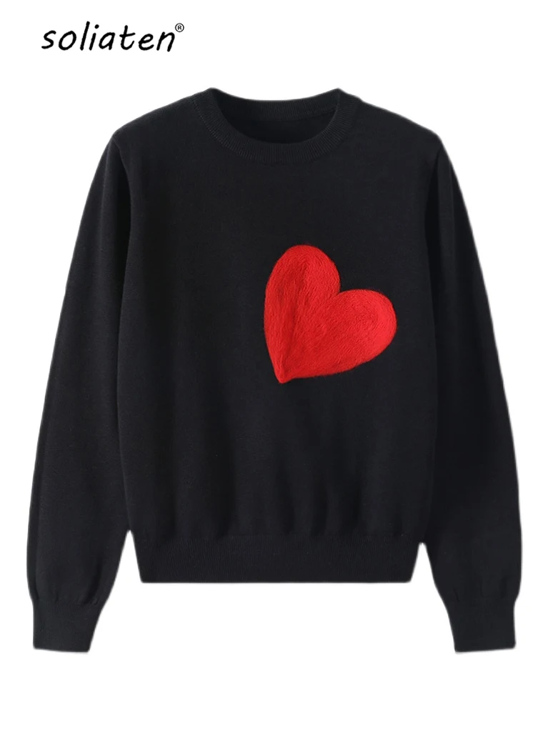 Wholesale Women Knit Sweater Embroidery Red Heart O-Neck Simple Style Fall Spring Autumn Slim Pullover Harajuku C-051-1