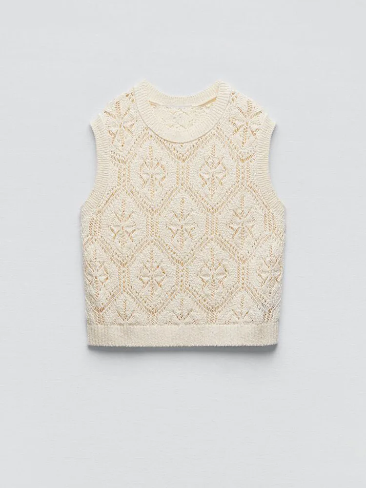 Zach AiIsa summer new temperament sweet jacquard mesh round neck sleeveless hollow knitted slim vest short top