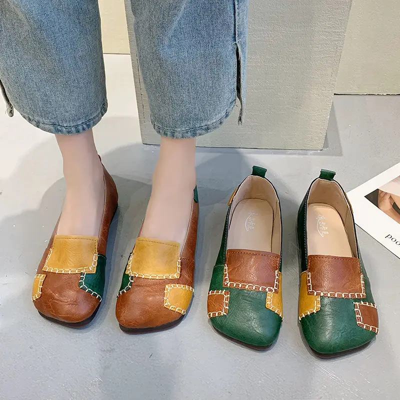 Designer Patches Ballet Flats Women's Summer Autumn Leather Moccasins Woman Green Flat Shoes Elegant Slip On Loafers Female Shoe