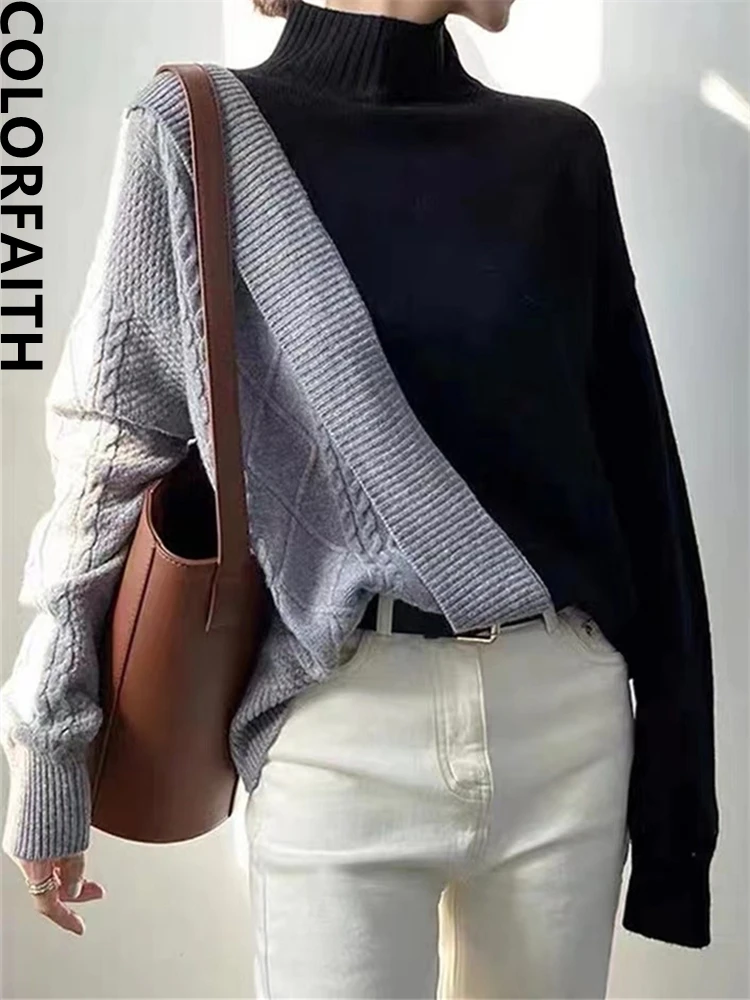 

Colorfaith New 2022 Knitted Elegant Patchwork Warm Fashionable Oversized Vintage Lady Women Autumn Winter Sweater Tops SW1572JX
