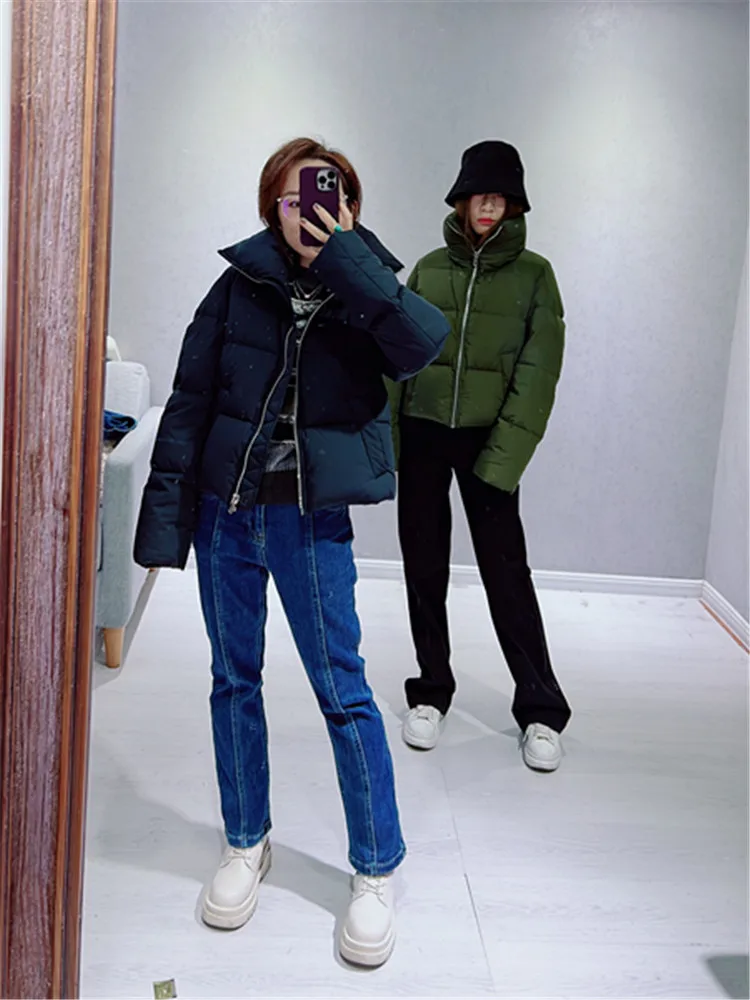 

PB&ZA autumn and winter new women's casual trend solid color high-neck zipper closure pockets loose short down jacket