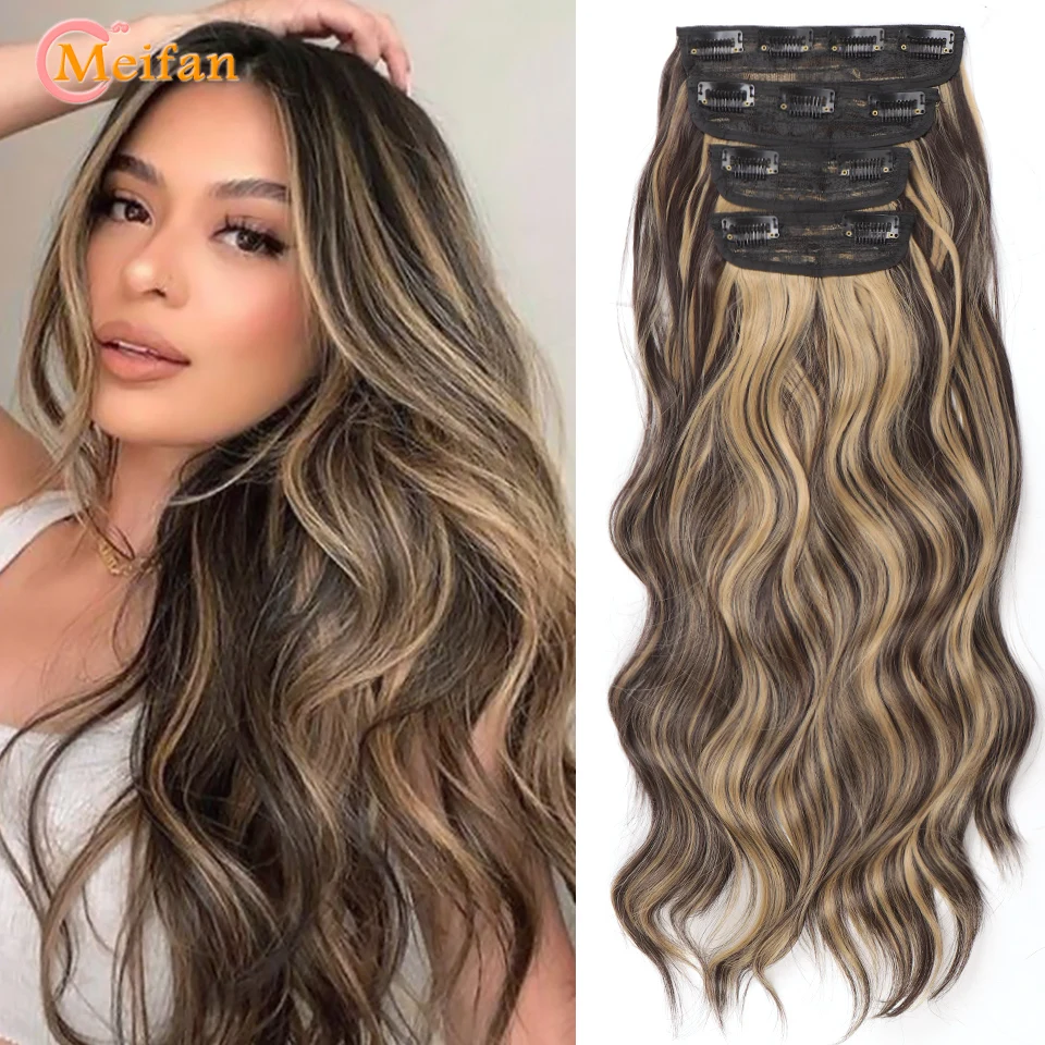 

MEIFAN Synthetic Long Wavy Curly Hair Pieces 4Pcs/Set Clip In Hair Extensions Ombre Mixed Blonde Natural Hairpieces