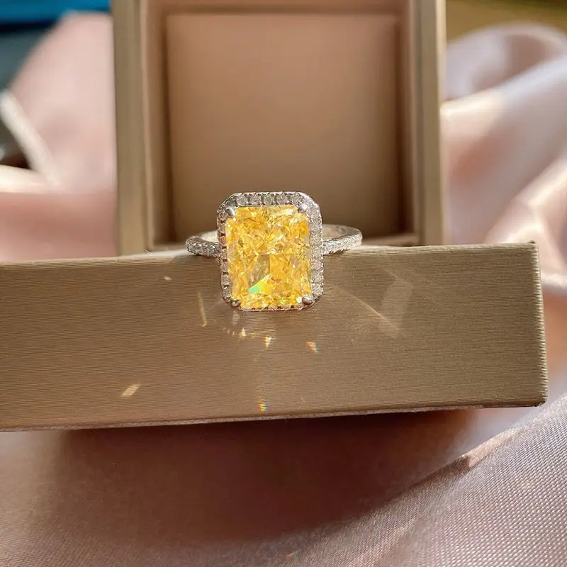 

925 Sterling Silver 4 Ct 8*10mm Princess Citrine Cubic Zirconia Diamond Radiant Cut CZ Engagement Ring Fine Jewelry