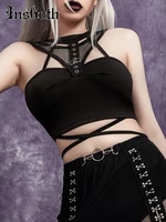 insgoth y2k sexy gothic lace up halter black women crop top fairy grunge coquette harajuku design tank aesthetic mesh clothing