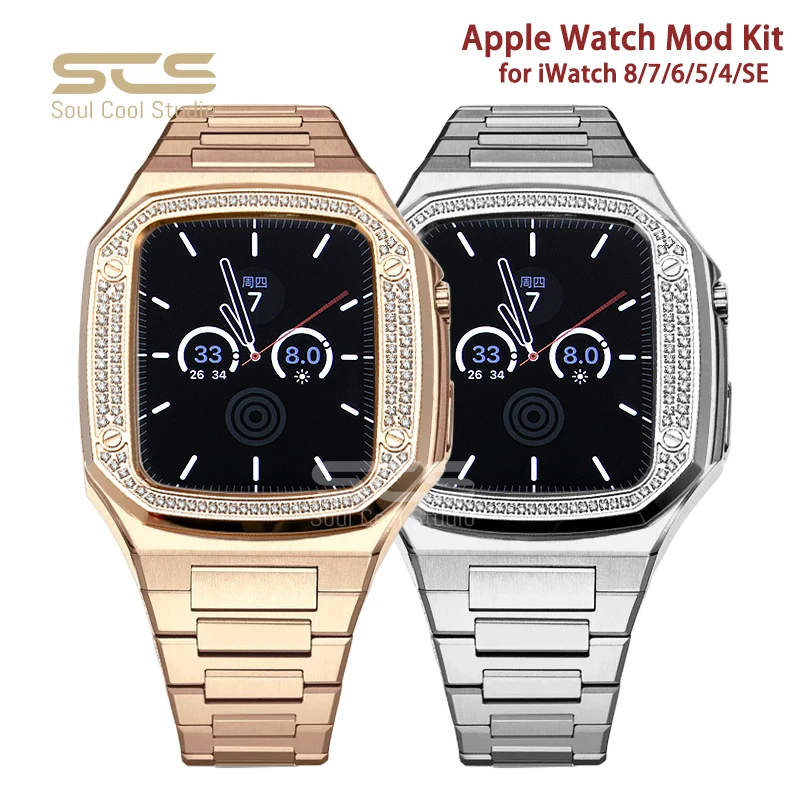 For apple Watch Series 7/8 Accessories  Stainless Steel Strip Strap 44MM 45MM Business Affairs luxury Watch IWatch 4/5/6/SE Case