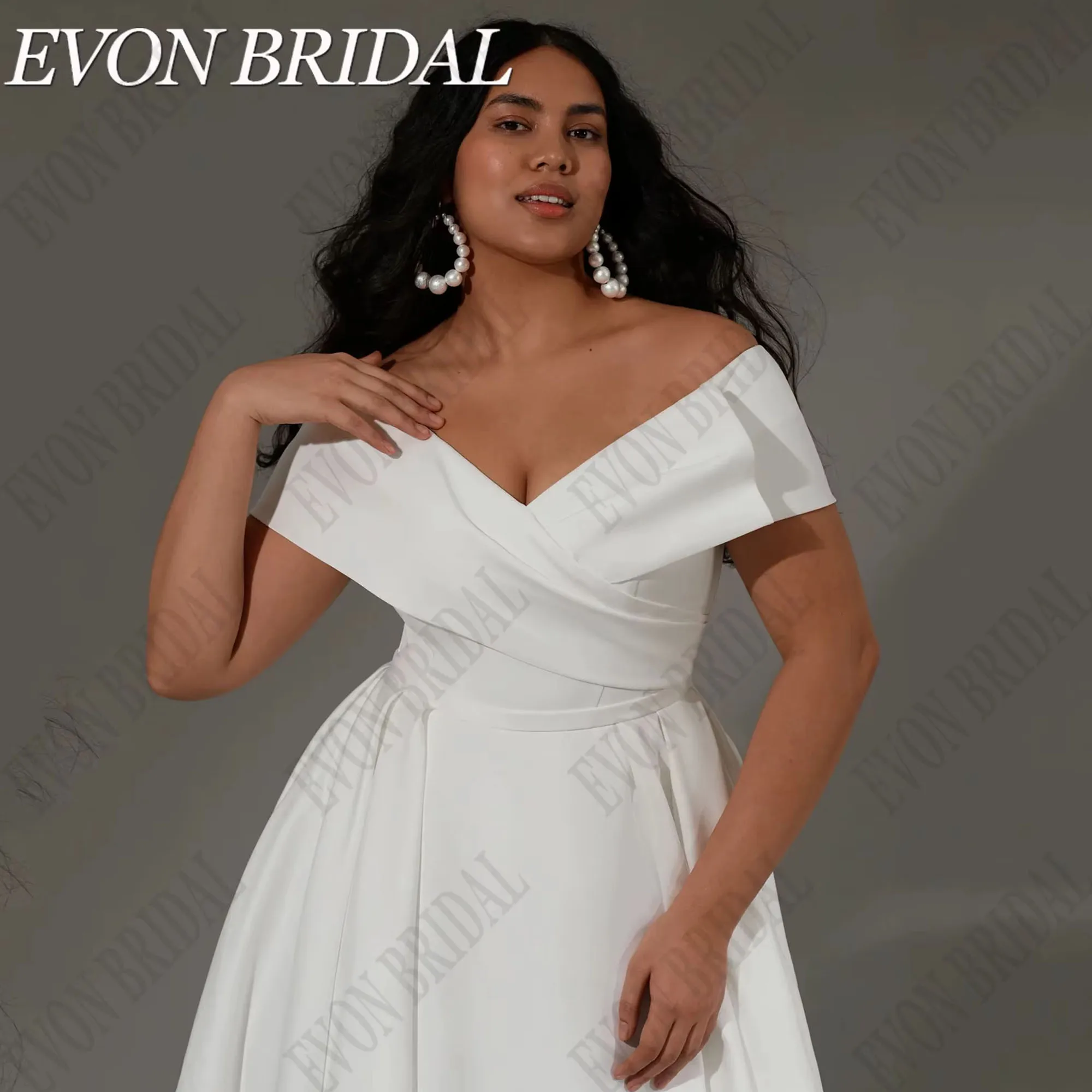 Фото EVON BRIDAL Свадебные платья с открытыми плечами Большие размеры Женское атласное платье трапециевидной формы для невесты цвета слоновой кости Vestidos De Novia со шлейфом по индивидуальному заказу №3