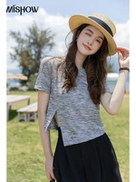 mishow 2022 new women fashion t shirts stripe o neck short sleeves slim tops irregular design korean womens clothing mxb21t0260