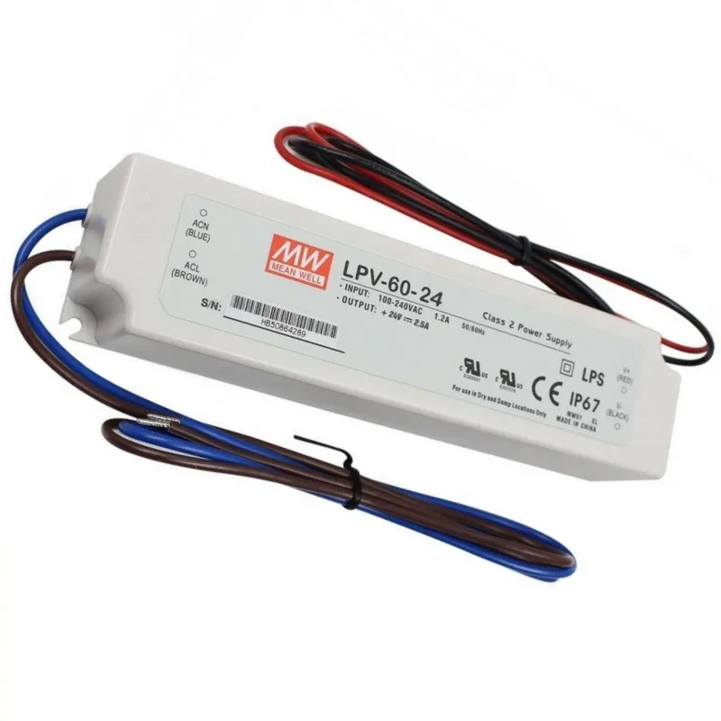 LPV-60-24 Mean Well AC-DC источник питания 60Вт для LED освещения IP67 вход 90…264В выход 24В/2 5А