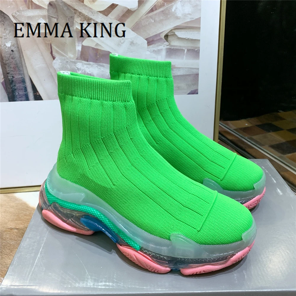 

Women Men 3D Knit High Top Sock Sneakers Transparent Thick Sole Speed Vulcanized Shoes Unisex Casual Round Toe Running Trainers