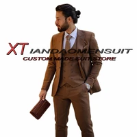brown mens suit 3 piece business formal workwear tuxedo wedding groom jacket pants vest male blazer