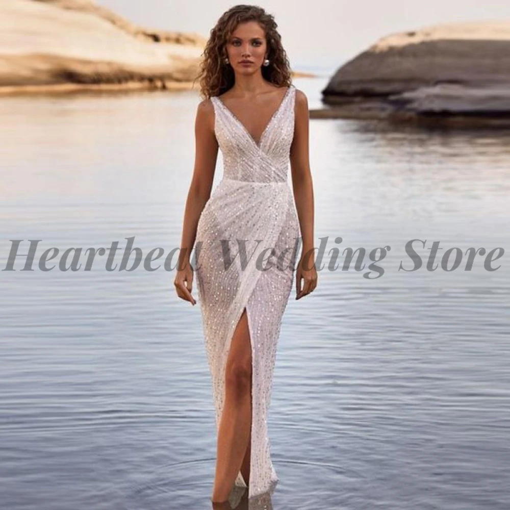 

Illusion 2023 V-Neck Wedding Dress Anke Length for Sheath Mermaid with Backless Side Split Sleeveless Sequins Beads Bridal Gowns