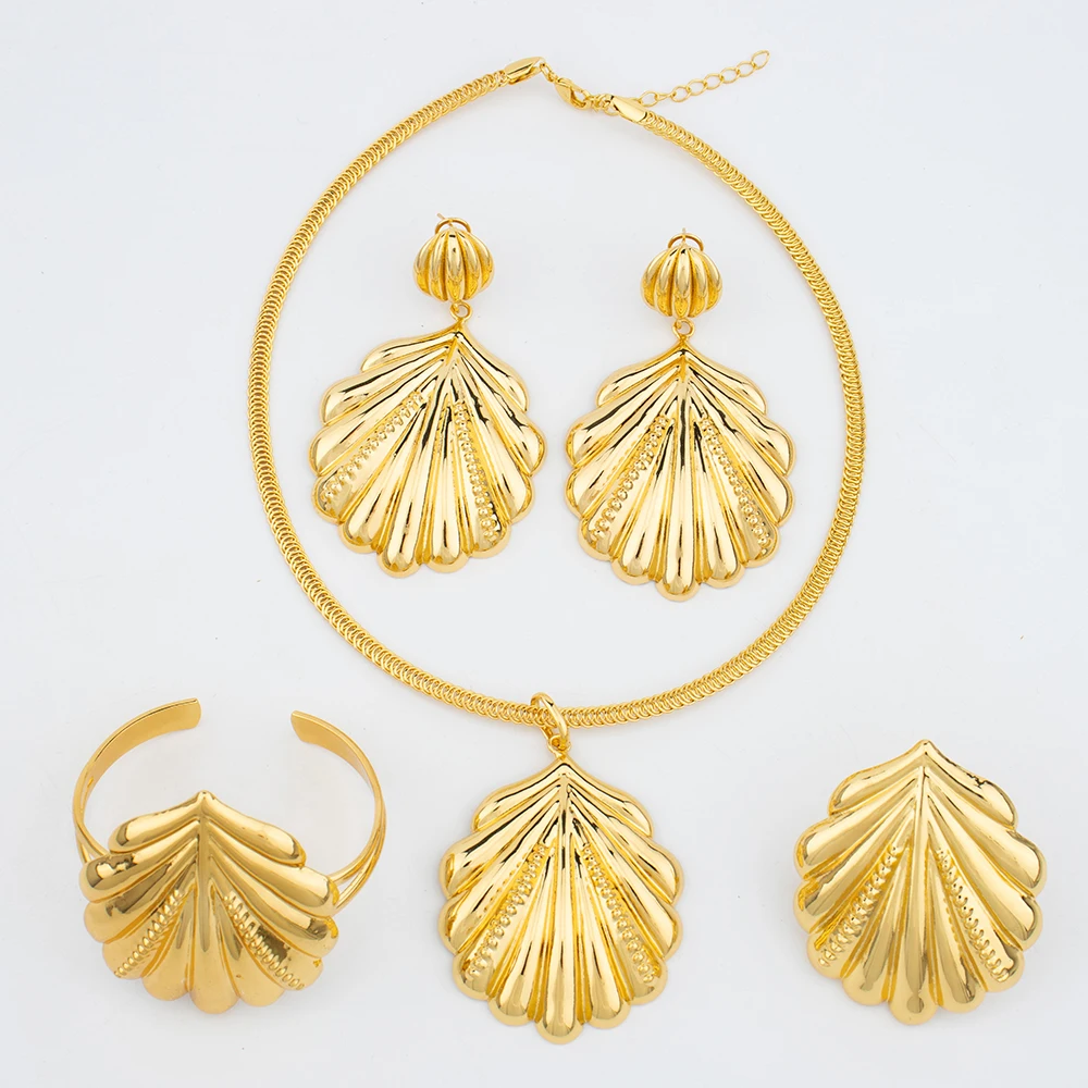 

Shell Shape Jewelry Set for Women Fashion High Quality Copper Necklace Earring Bracelect Rings Set Wedding Party Jewelry