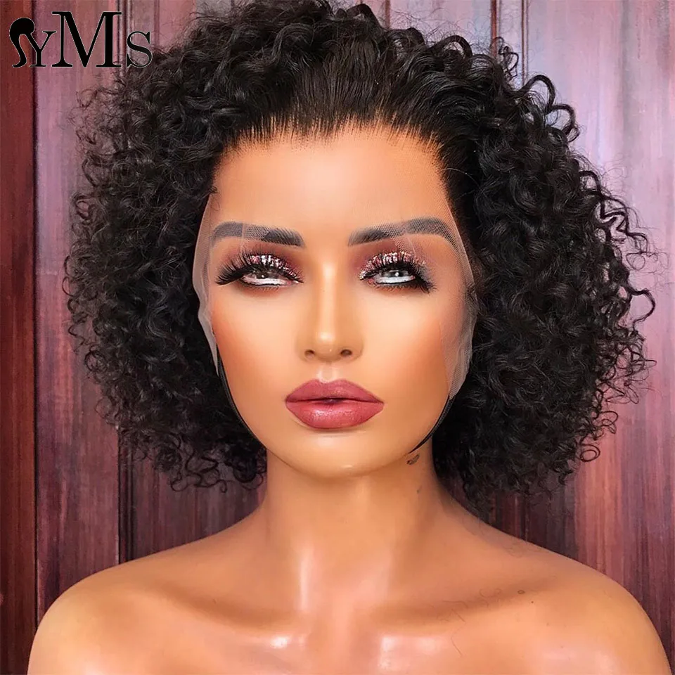 

Short Glueless Peruvian Curly Lace Frontal Wig YMS Hair 180% Pixie Bob 13X4 Lace Front Human Hair Wig Pre Plucked Hd Transparent